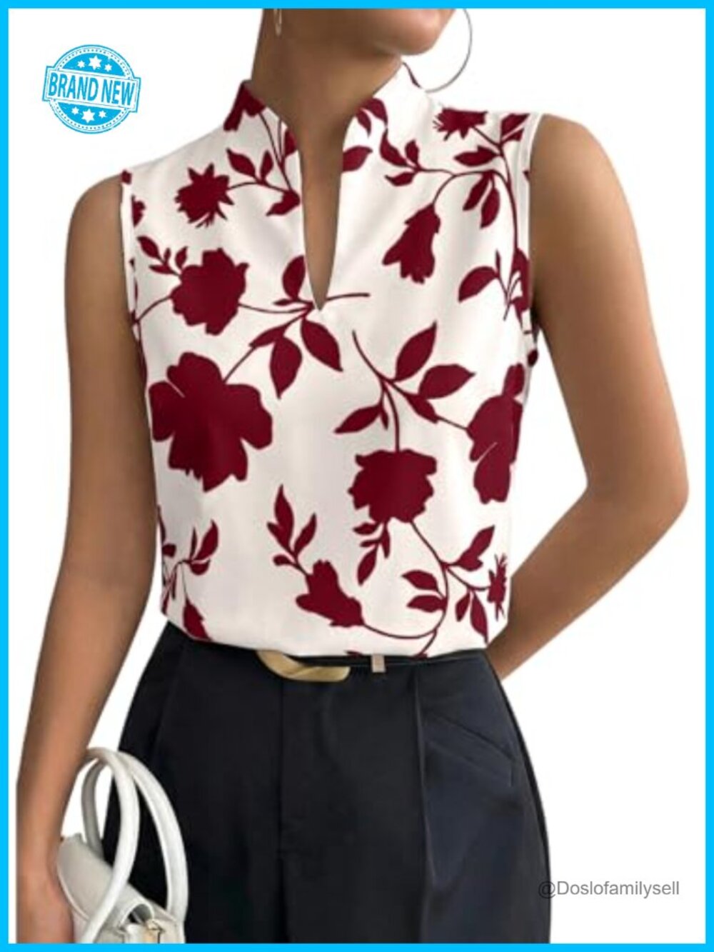 Womens Floral Sleeveless Blouse V Neck Business Casual Tank Top